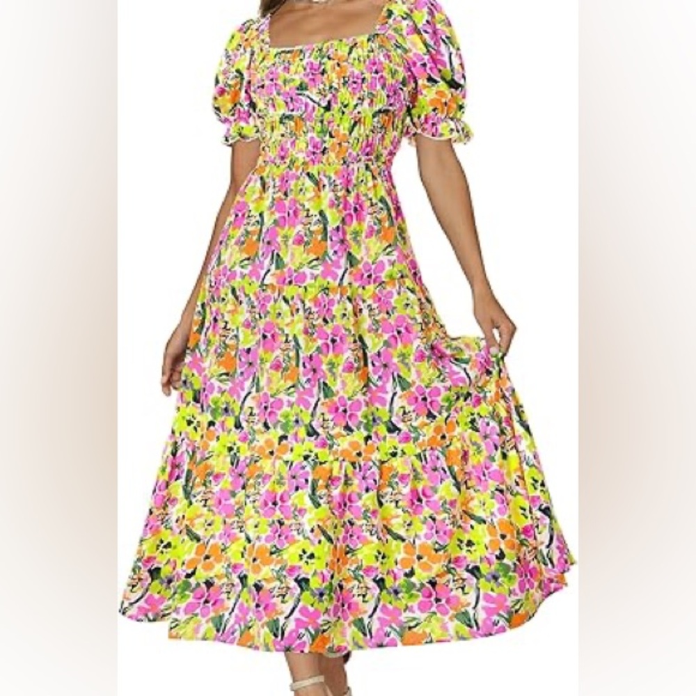 Pink and Orange Puff Sleeve Maxi Sundress for Wedding Guests